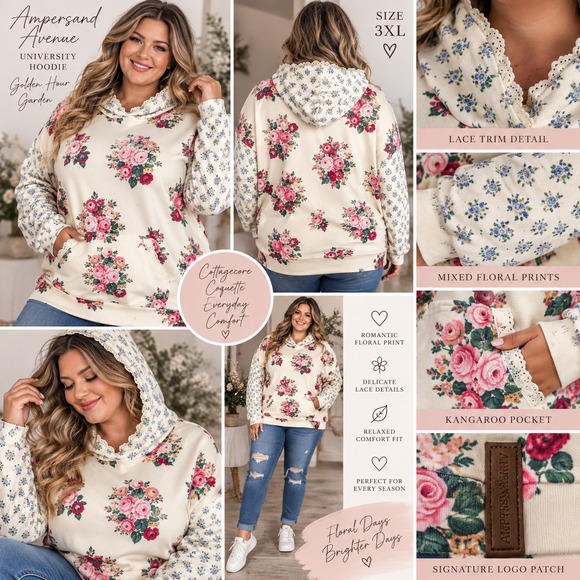 Ampersand Avenue Tops - Ampersand Avenue Golden Hour Garden University Hoodie Floral Lace Trim 3XL NEW